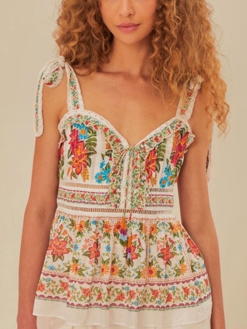 FARM RIO Bloom Garden Crochet Detail Peplum Top - Size Small